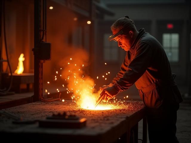 Ein digitales Modell eines Schmieds, der glühendes Metall auf einem Amboss bearbeitet, umgeben von Funken und dem Schein des Feuers, im Stil einer hochauflösenden CGI-Produktion.