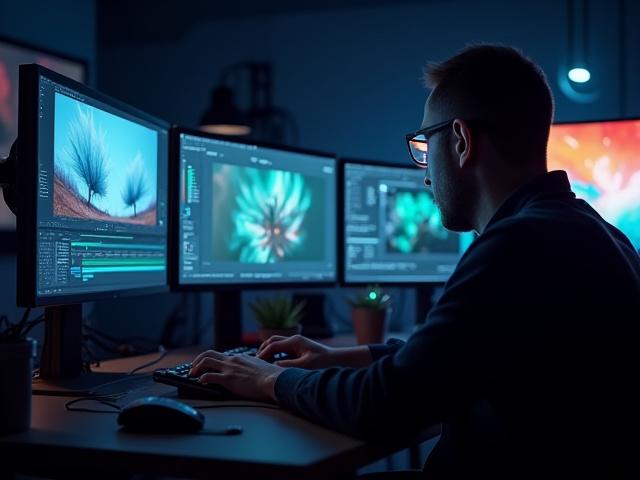 Ein professioneller Videoeditor, der an einem Multi-Monitor-Setup arbeitet und komplexe Postproduktionssoftware zur Bearbeitung einer 3D-Animationssequenz verwendet.