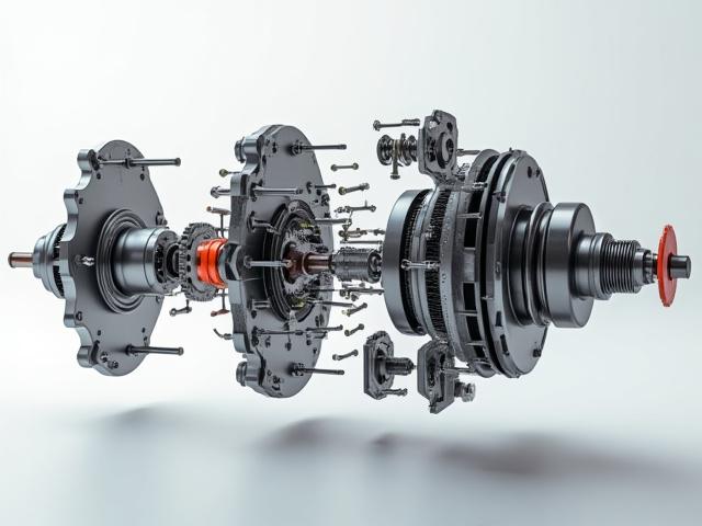 Eine detaillierte Explosionsansicht eines komplexen Industrieprodukts, dargestellt als 3D-Modell, bei dem die einzelnen Komponenten schwebend erscheinen, um den Aufbau zu zeigen.